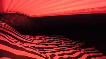 Una habitación con una colcha estampada y un techo con luminarias lineales.