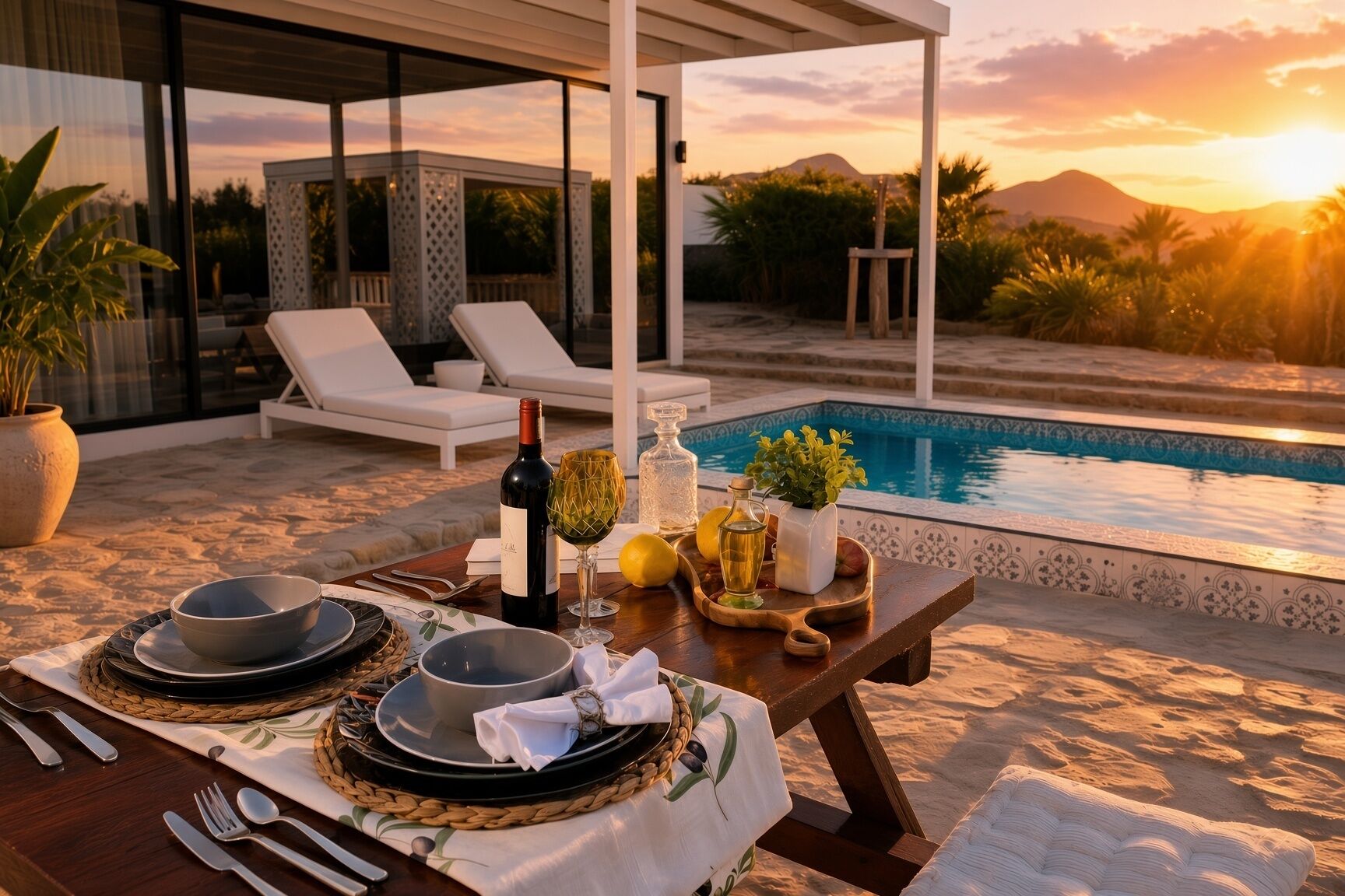 A dining setup with a poolside view, including a table with plates, cutlery, a bottle, and a glass.