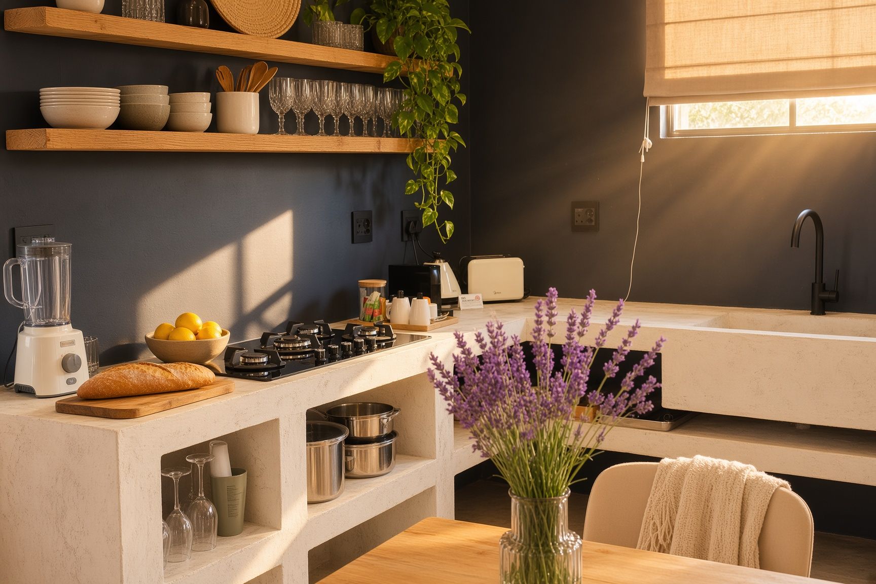 Una cocina moderna con estufa integrada, licuadora y una variedad de utensilios de cocina.