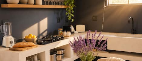 Una cocina moderna con estufa integrada, licuadora y una variedad de utensilios de cocina.
