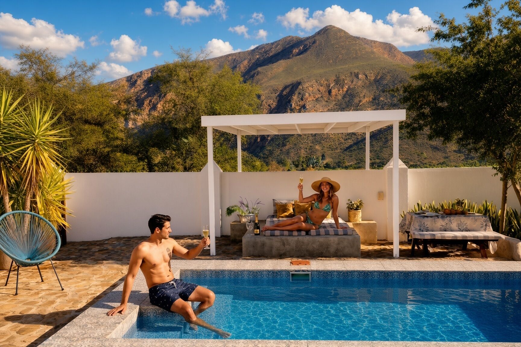 A poolside area with a view of mountains, a covered seating area, and a lounge chair.