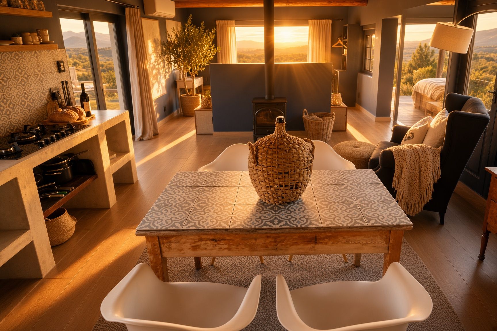 A cozy living room with a fireplace, a dining table with chairs, and a view of the outdoors.