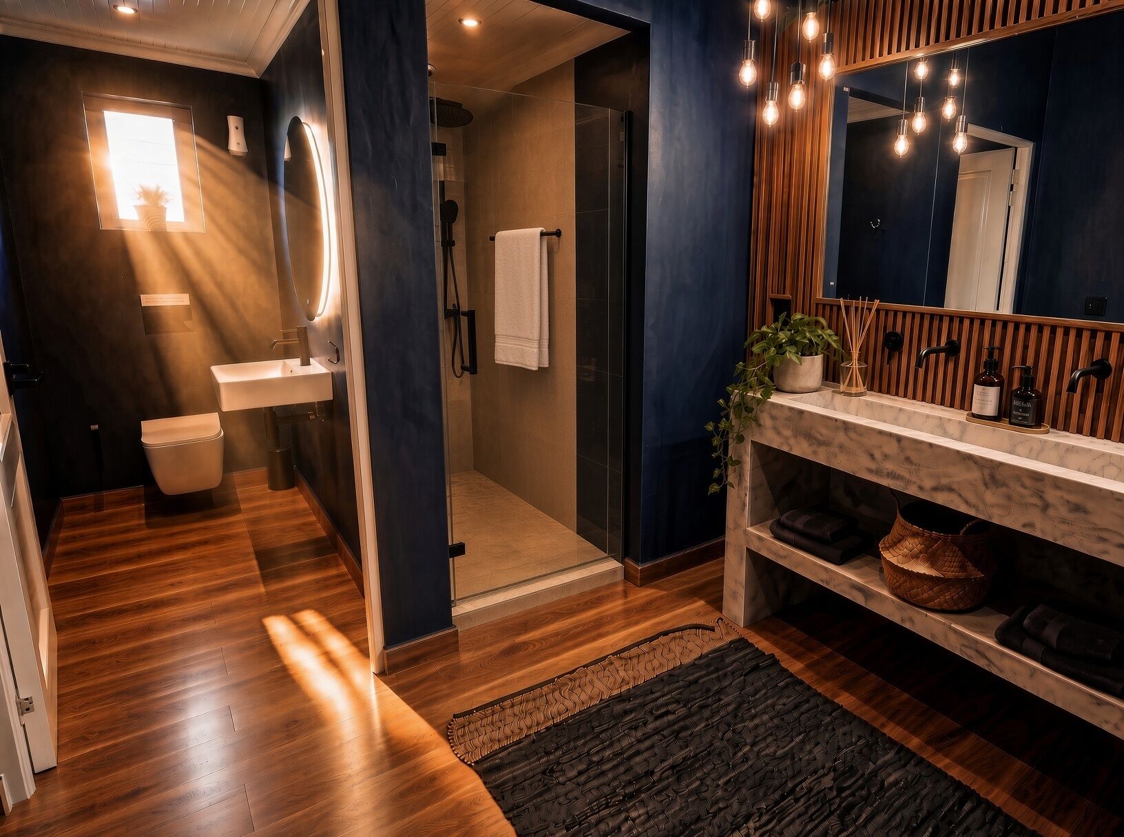 Un baño moderno con suelo de madera, un lavabo blanco, un espejo y una zona de ducha.
