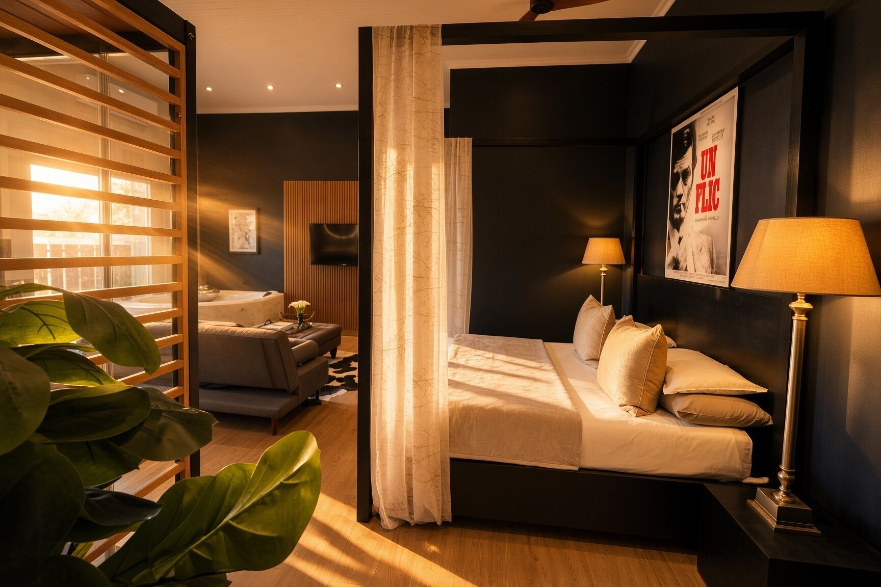Ett modernt hotellrum med en säng, sänglampor, en tv och ett stort fönster med persienner.