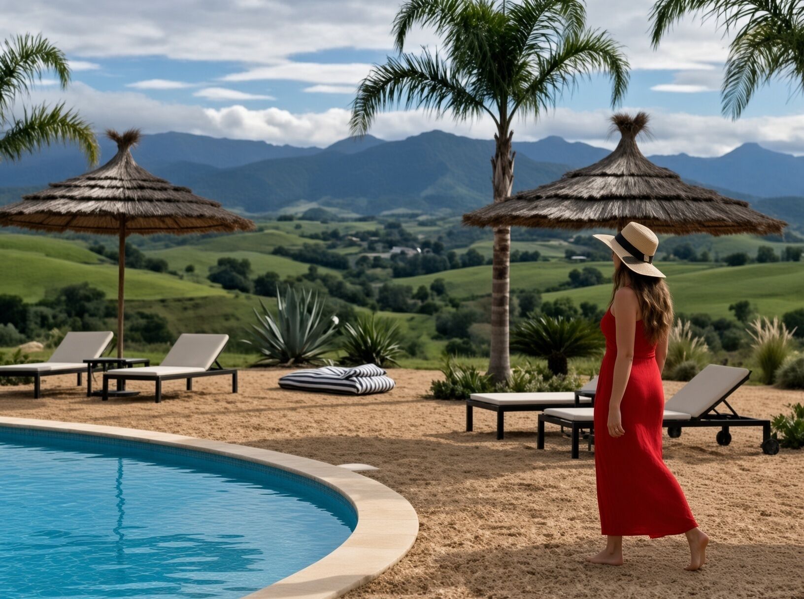 Un espace aménagé au bord de la piscine, avec des chaises longues et des parasols en chaume, offrant une vue sur un paysage montagneux.