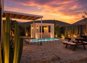 A pool area with a gazebo, cacti, and a desert landscape at sunset. - Maison Pjure Boutique Hotel & Spa ( Adults Only ) (Montagu)