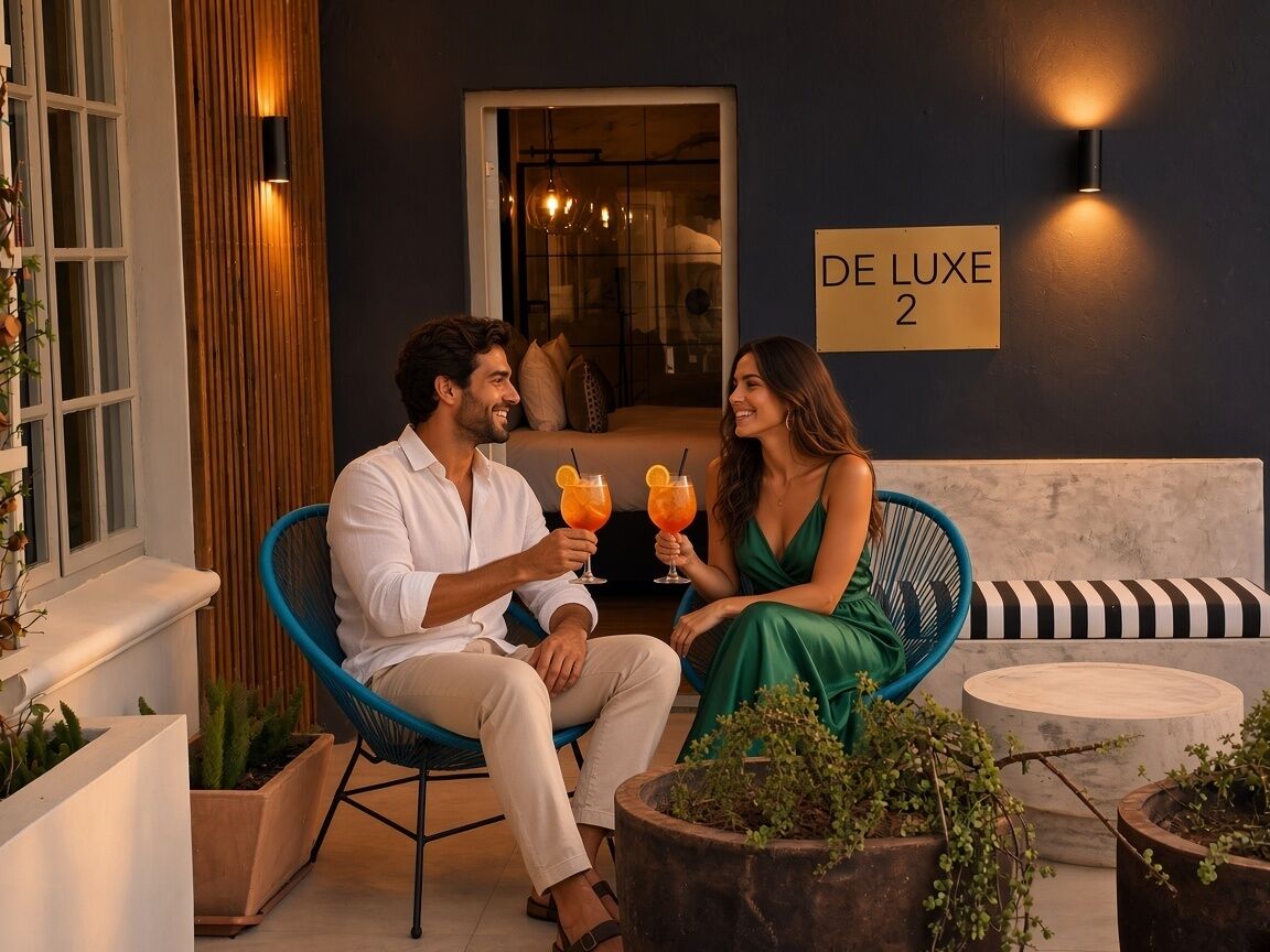 Et par sidder på en blå stol med et skilt, der viser 'DE LUXE 2', i baggrunden.