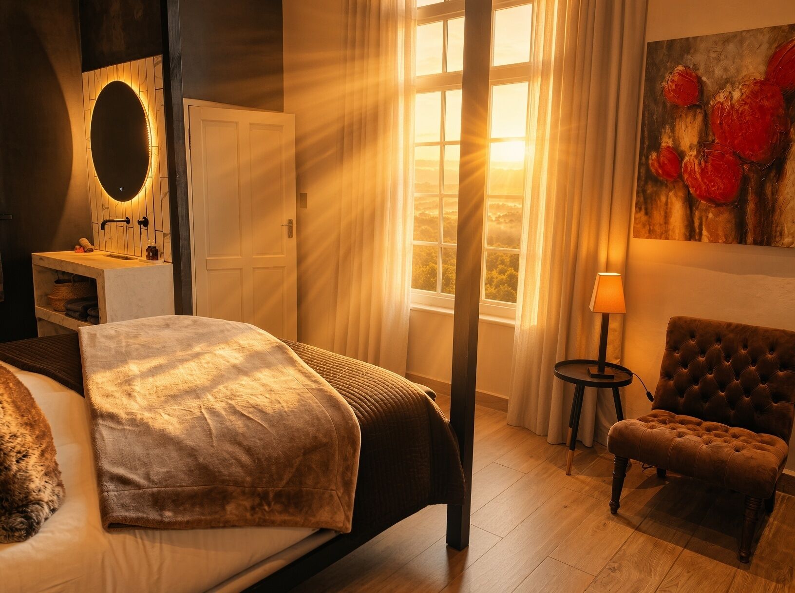 Une chambre à coucher avec un lit, une table de chevet, une lampe, une chaise et un tableau.