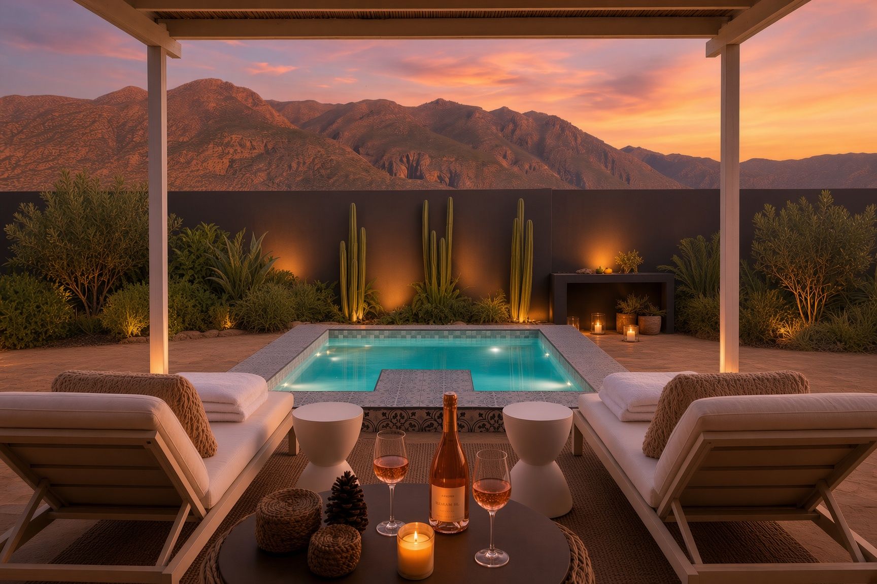 Un espace piscine avec des chaises longues, une table avec des boissons et une vue sur les montagnes.