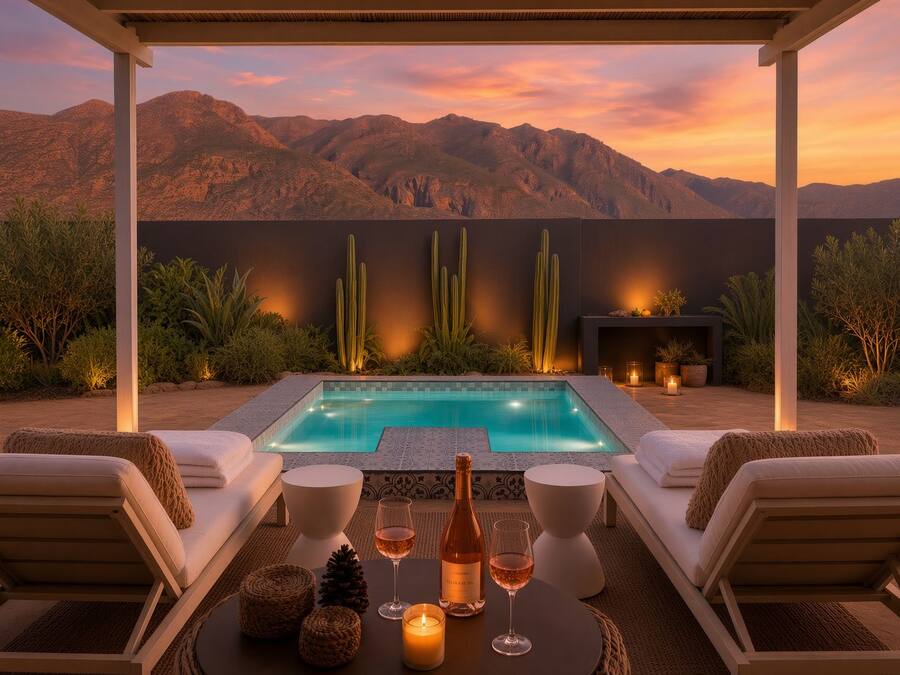 A pool area with lounge chairs, a table with drinks, and a view of mountains.