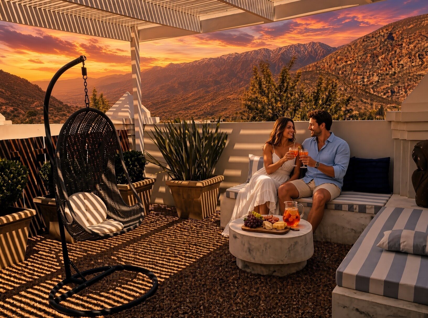 A couple sitting on a balcony with a view of mountains, a hanging chair, and a table with snacks.