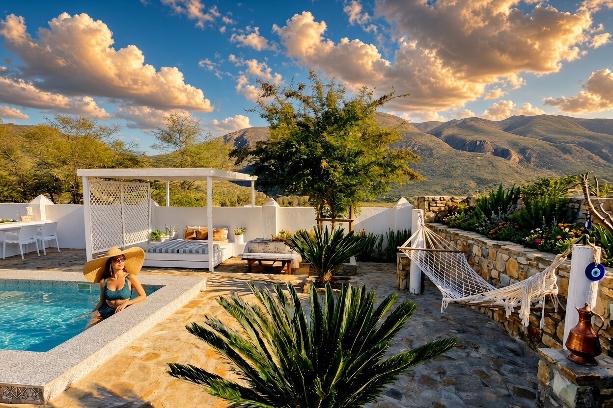 A poolside area with a seating arrangement, a hammock, and a view of mountains.
