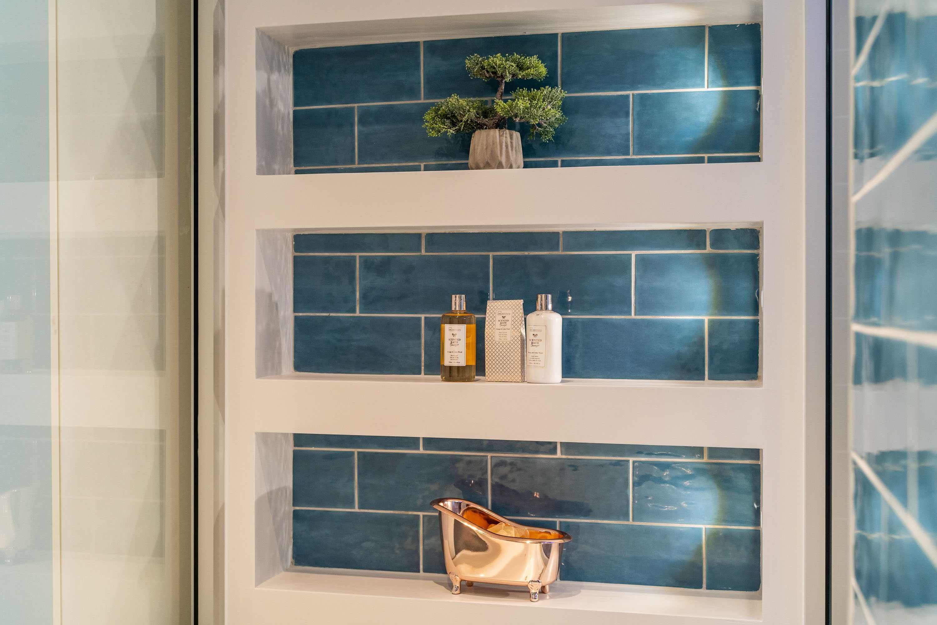 A bathroom with blue-tiled walls, a small plant on the top shelf, and a vintage-style bathtub on the bottom shelf.