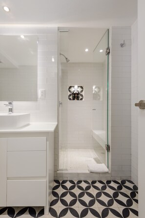 Shower, hair dryer, towels