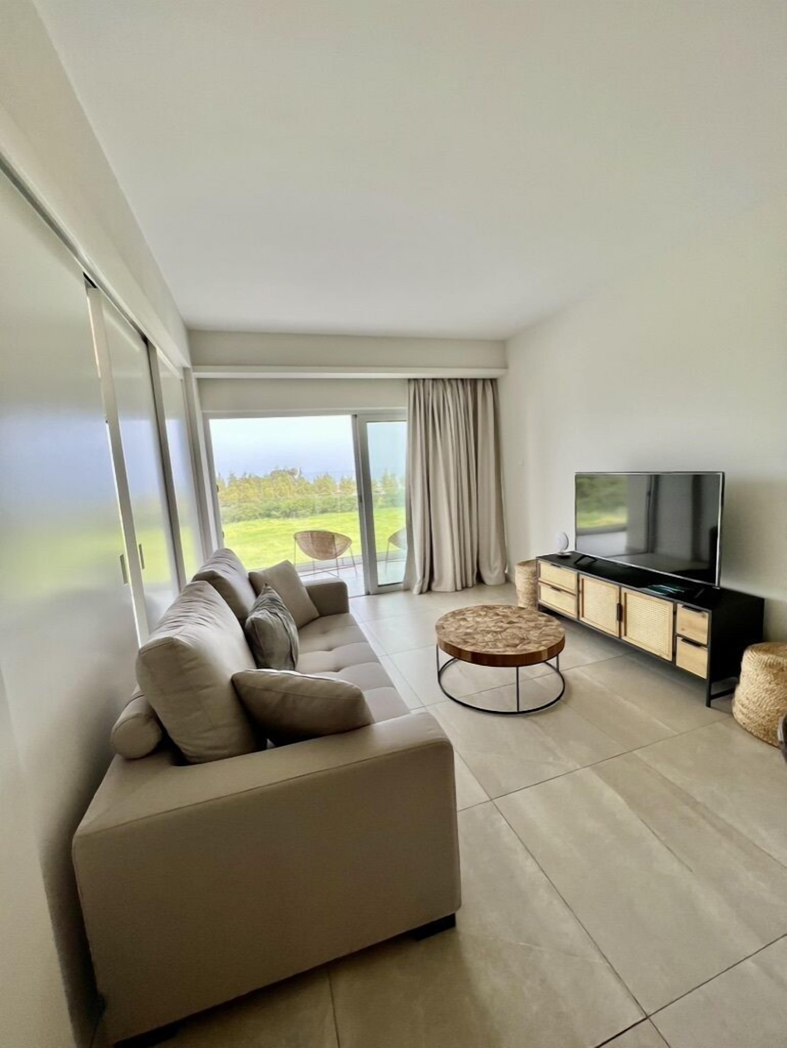 A modern living room with a sofa, a round coffee table, a flat-screen TV, and a view of the outdoors.