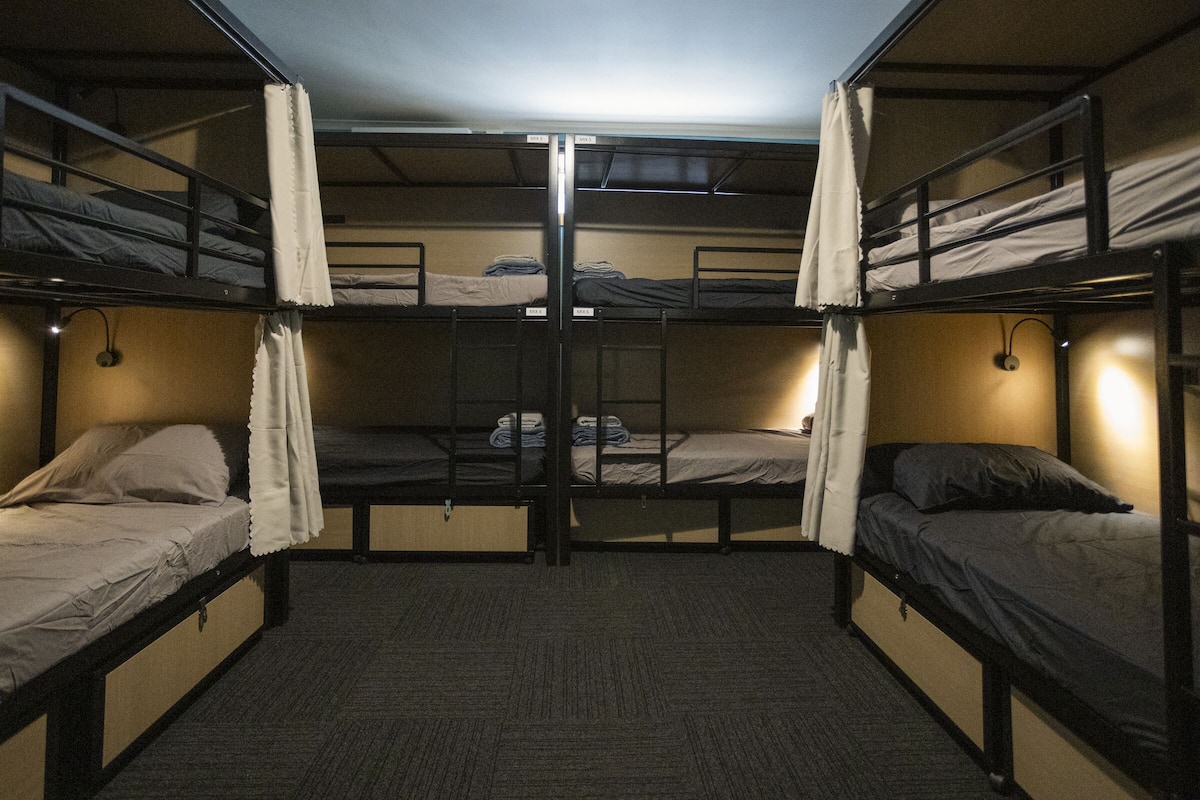 A dormitory-style room with bunk beds, carpeted floor, and wall-mounted lights.