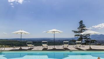Seasonal outdoor pool, open 9:00 AM to 7:30 PM, pool umbrellas