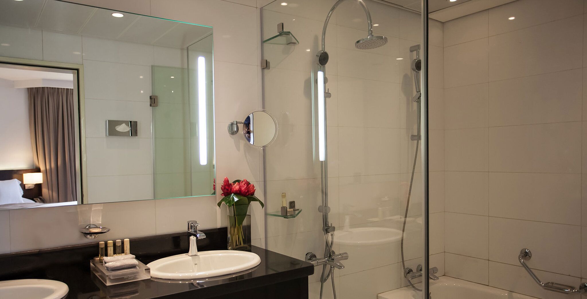Une salle de bain moderne avec une douche à parois de verre, un meuble-lavabo et un miroir.