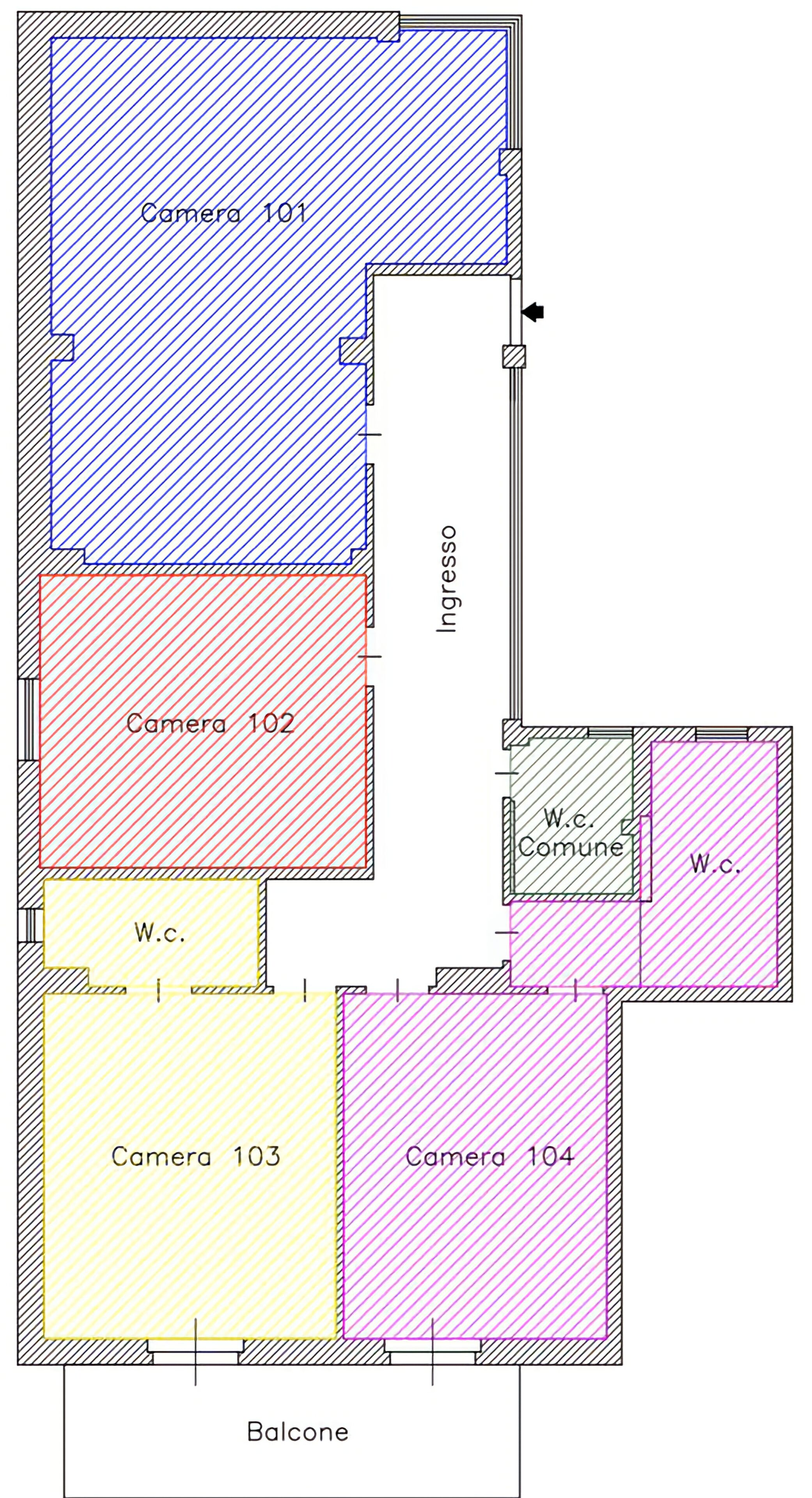 A floor plan with four cameras labeled 101, 102, 103, and 104, and a balcony.