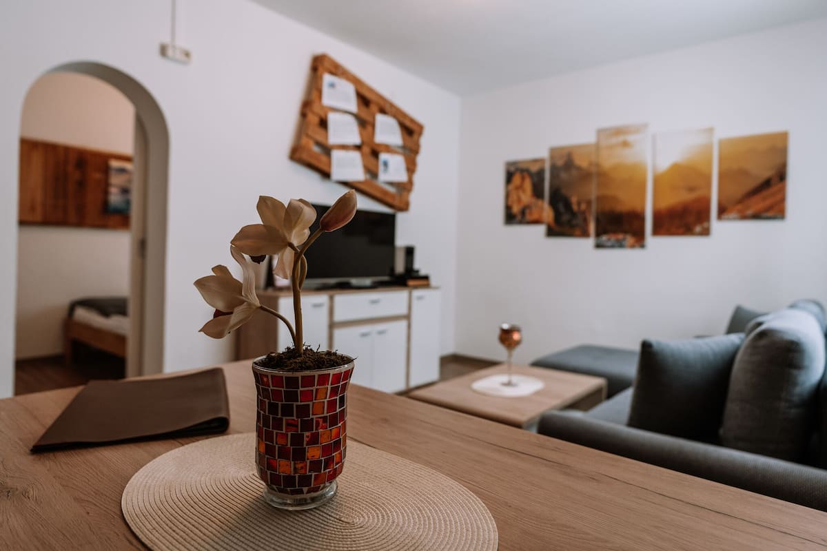 Un salon avec une plante en pot, un canapé, une table basse et un téléviseur.