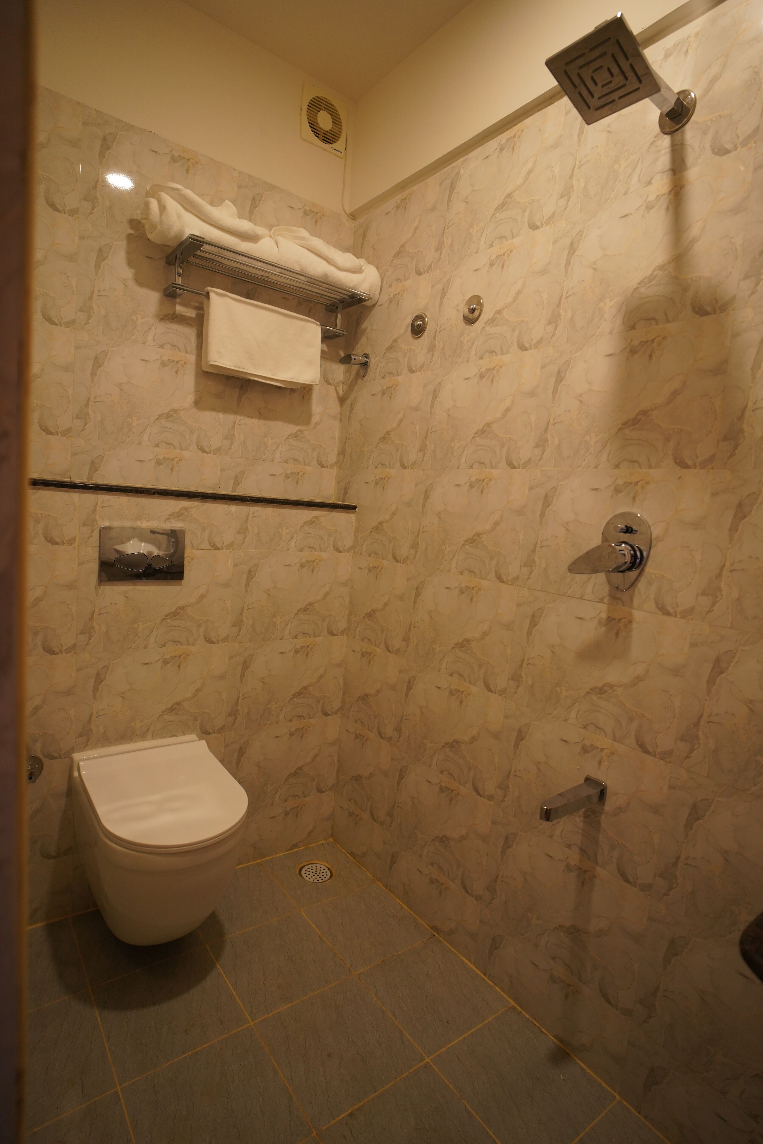 A bathroom with a shower, toilet, and towel rack.