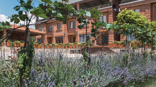 A brick building with multiple balconies, surrounded by a garden with lavender plants. - My Georgian village (Sagarejo)