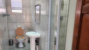 A bathroom with a toilet, sink, and glass shower door. - Suits bar restaurant and guesthouse (Merafong City)