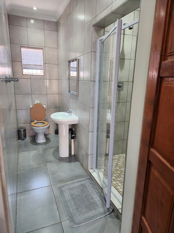 Un baño con inodoro, lavamanos y zona de ducha.