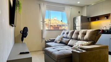 Een moderne woonkamer met een bank, een televisie en een ventilator.
