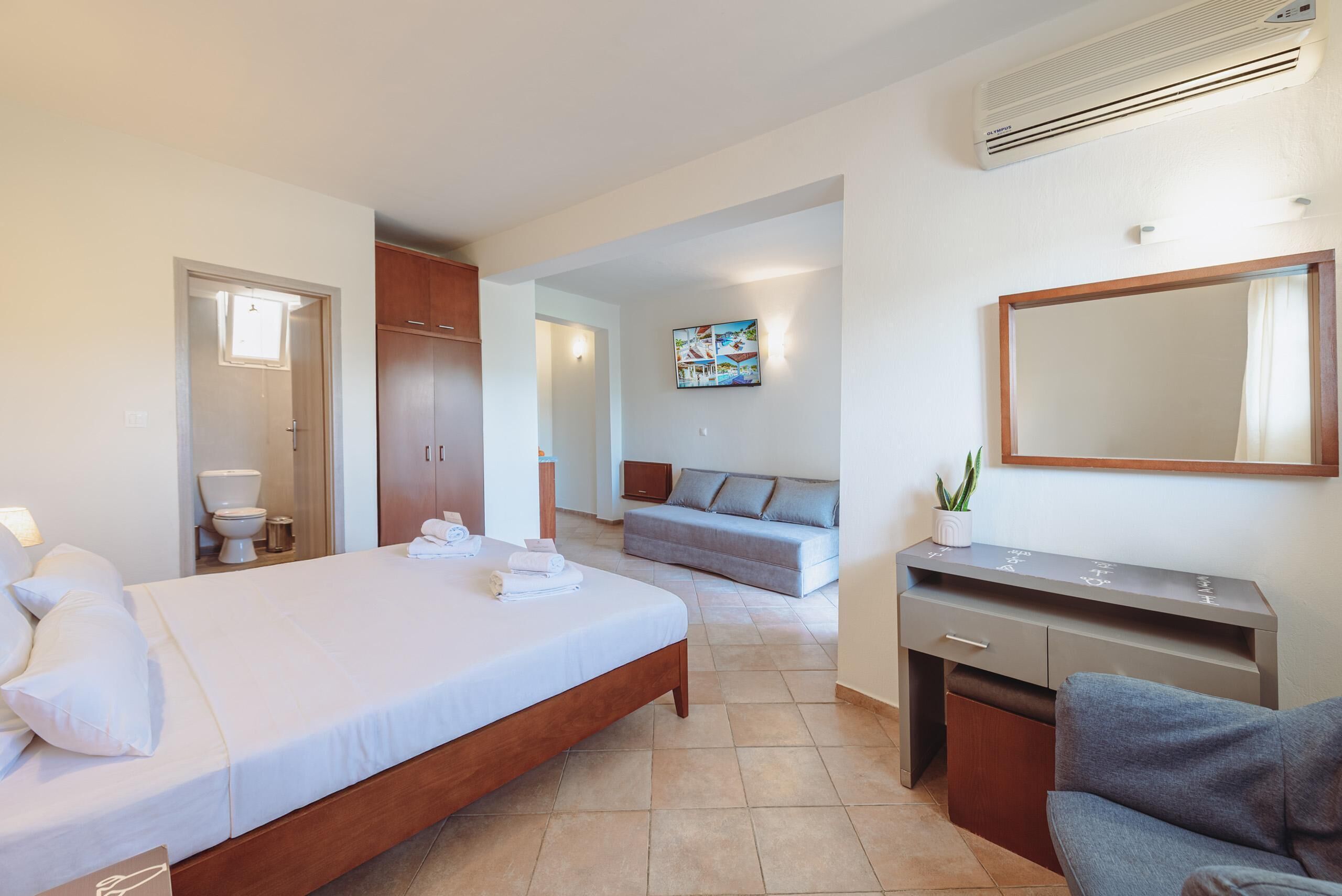 A hotel room with a bed, a desk, a sofa, and a bathroom.