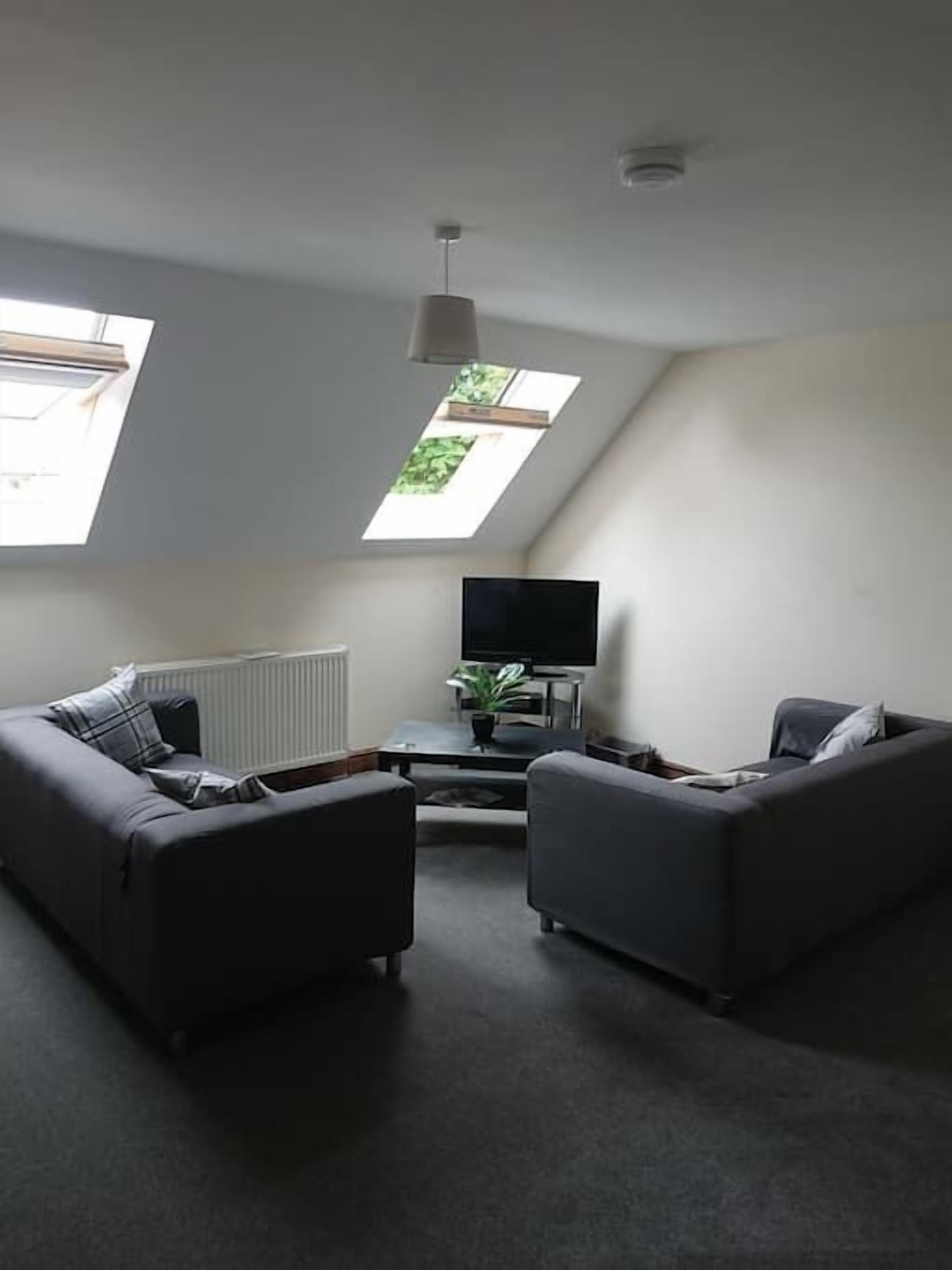 A modern living room with two grey sofas, a coffee table, a flat-screen TV, and a skylight.