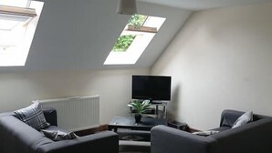 Ein modernes Wohnzimmer mit zwei grauen Sofas, einem Couchtisch, einem Flachbildfernseher und einem Oberlicht.
