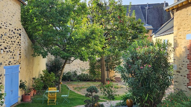 Un patio con sendero empedrado, una silla amarilla y plantas en macetas.
