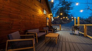 Terrace/patio - Mountain Whispers-2Bdrm, arcade gaming, pinball, foosball, hot tub, and fire-pit (Sevierville)