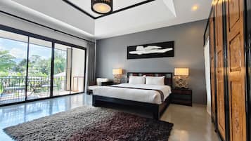 A modern bedroom with a large bed, two bedside tables, a ceiling light, and a view of the outdoors.