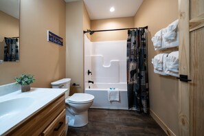 Hair dryer, towels, soap, shampoo