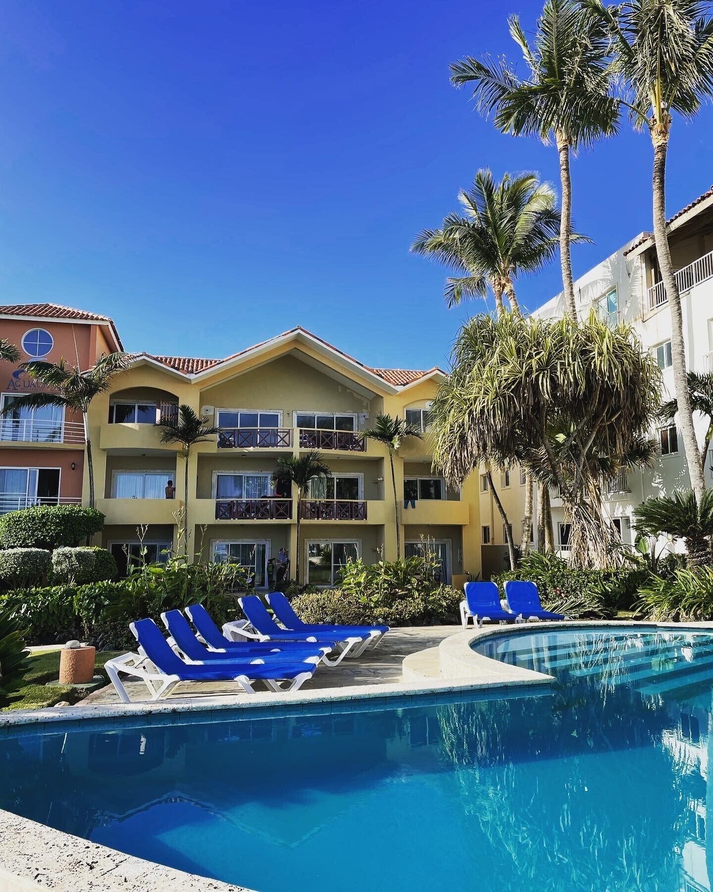A hotel with a pool, blue lounge chairs, and palm trees.