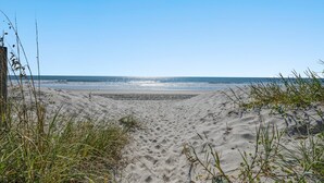 A sandy beach with sparse vegetation and a clear sky.