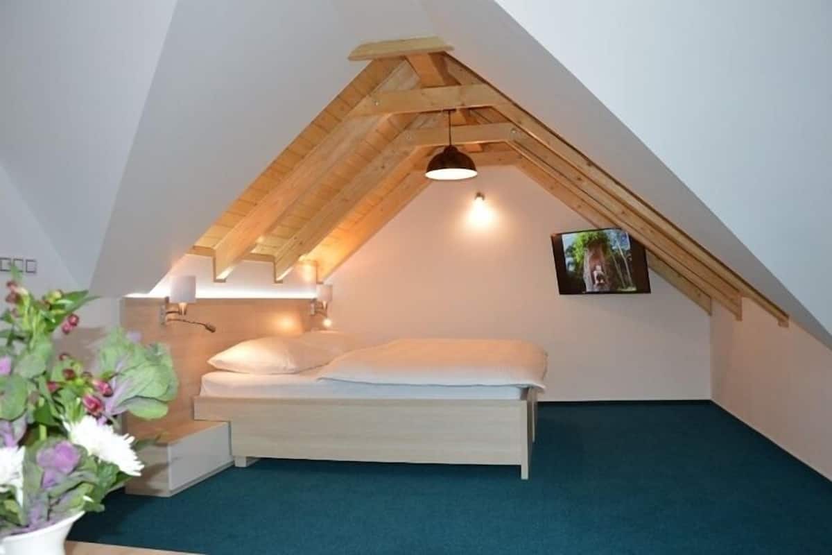 Un dormitorio acogedor en el ático, con techo inclinado, cama, televisor en la pared y una ventana pequeña.