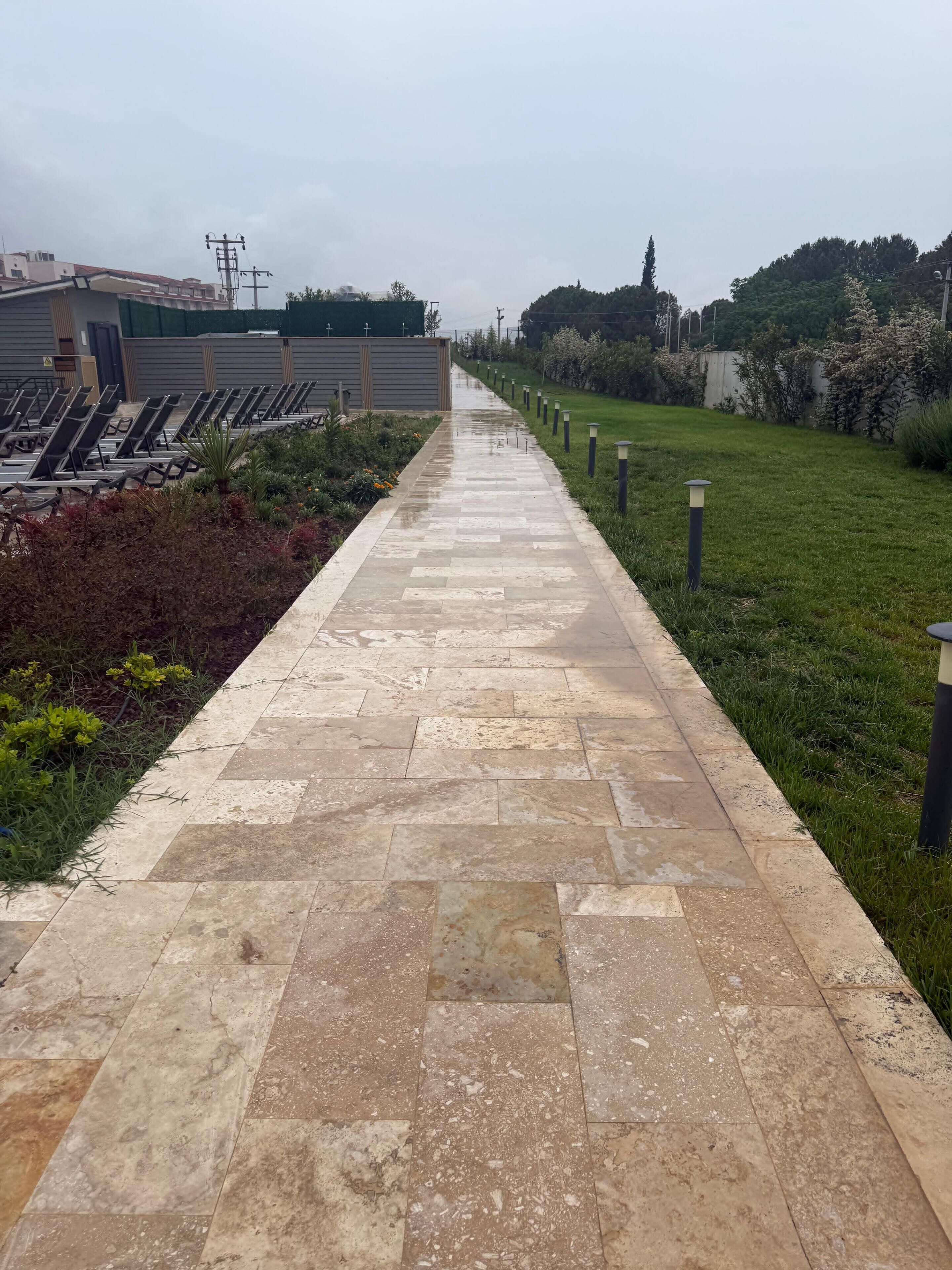 A paved walkway with lounge chairs and a grassy area with plants.