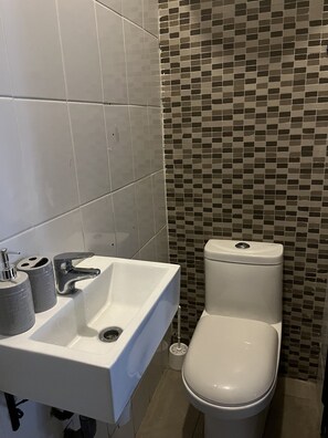 Ein Badezimmer mit einem weißen Waschbecken, zwei Toilettenpapierhaltern und einer Toilette.
