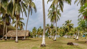 A tropical landscape with palm trees and thatched-roof huts. - CASA DE CAMPO CASTILLETE (Santa Marta)
