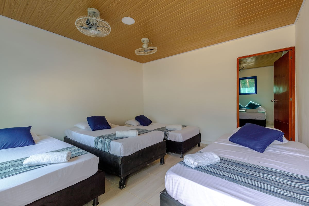 A hotel room with three beds, each with a pillow and a blanket. There are ceiling fans and a wooden ceiling.