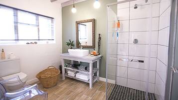 Hair dryer, towels, soap, toilet paper