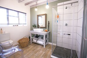 Hair dryer, towels, soap, toilet paper