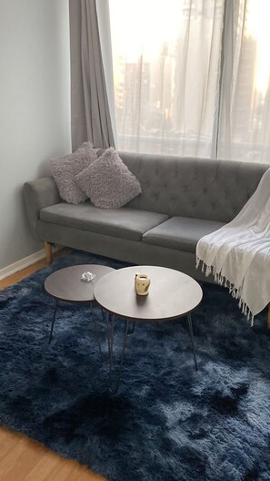 A modern living room with a grey sofa, two small round tables, and a fluffy blue rug.