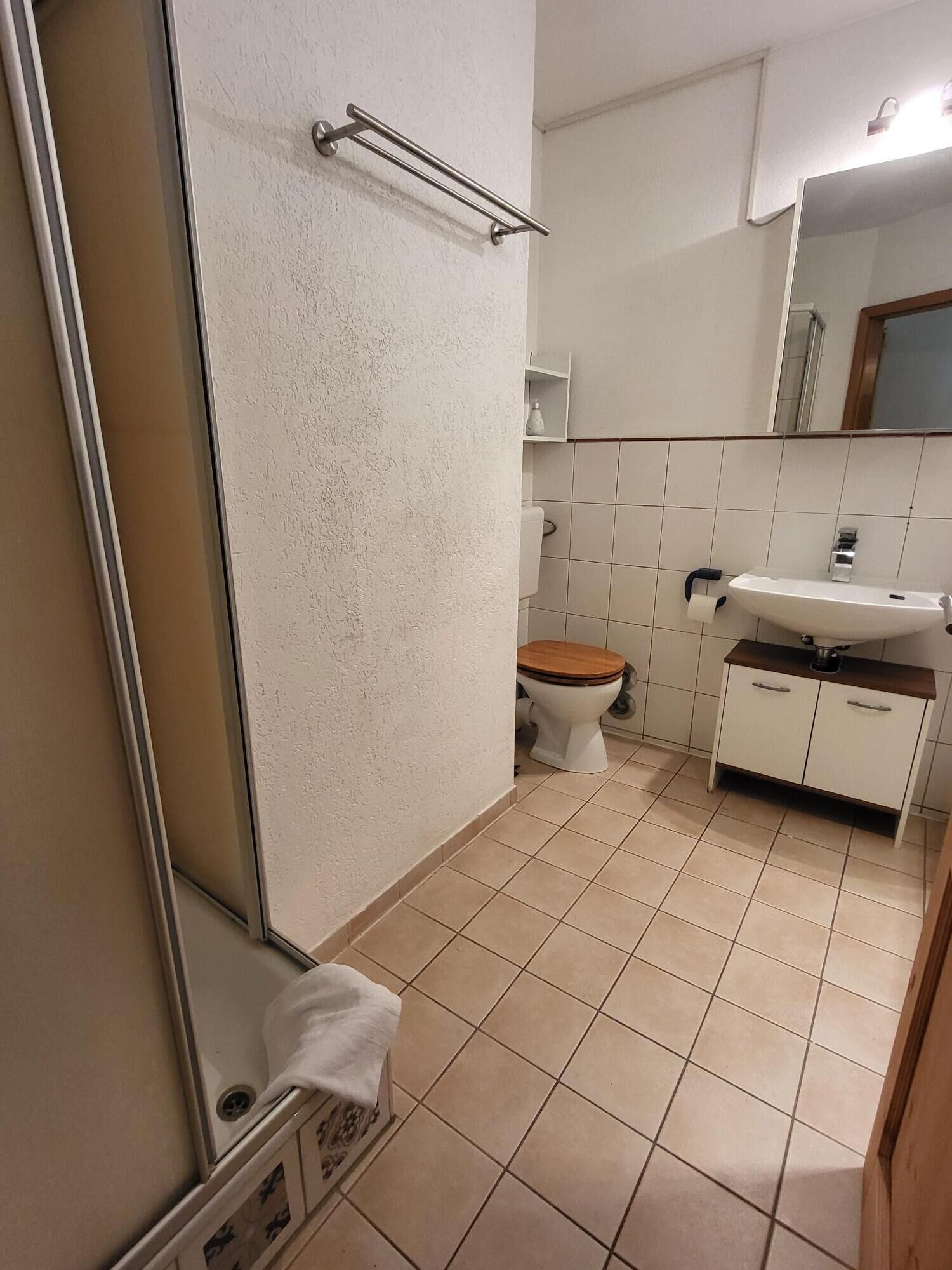 Un baño con inodoro, lavamanos y espejo.
