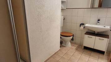 Un baño con inodoro, lavamanos y espejo.