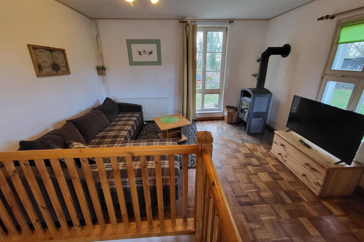 Uma sala de estar aconchegante com um sofá, uma televisão, uma lareira e uma janela.