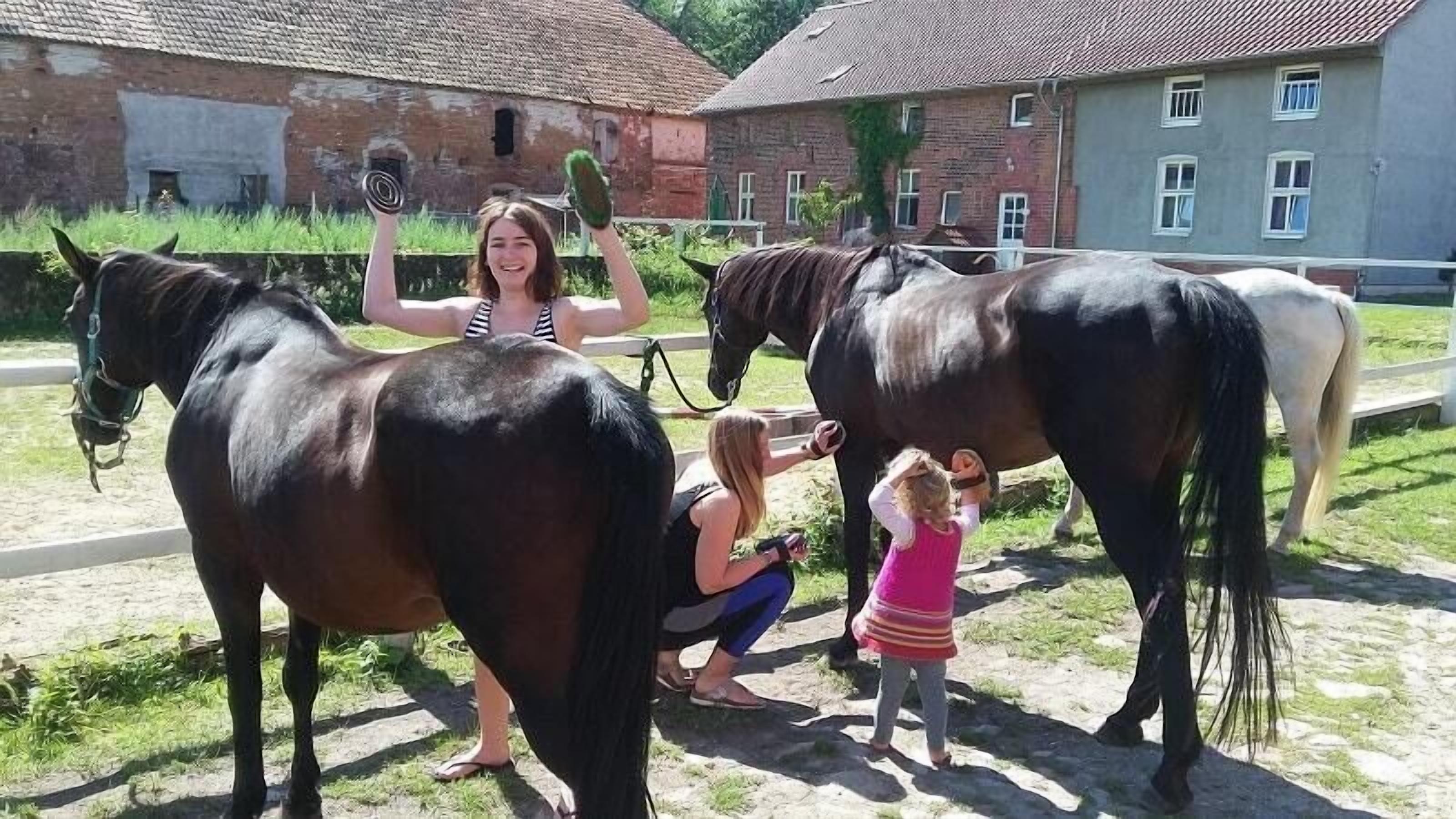 A group of people interacting with horses in an outdoor setting with a building in the background.